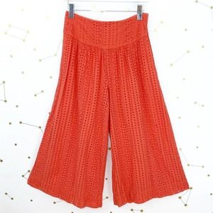 Anthro • Coral Orange Eyelet Cropped Wide Leg Pants